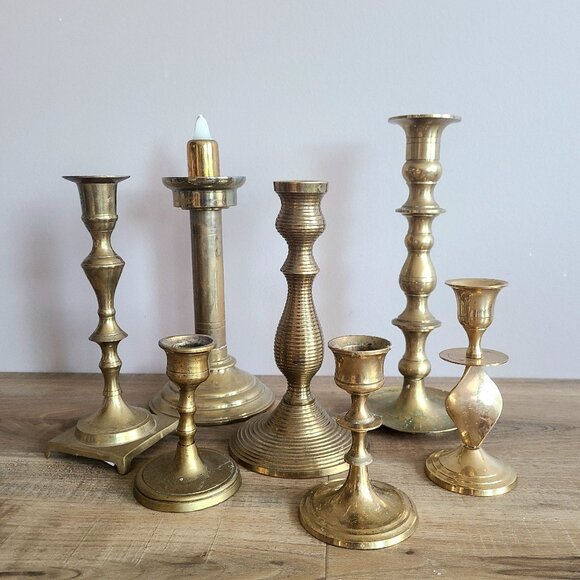 Set of 7 Vintage Brass Candleholders. Home Decor. Holiday Decor. - Picture 1 of 8